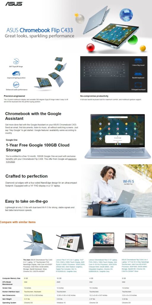 ASUS Chromebook Flip C433 2 in 1 Laptop